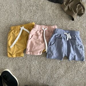 Set of Three Little Bipsy Shorts in Mustard, Pink, and Blue